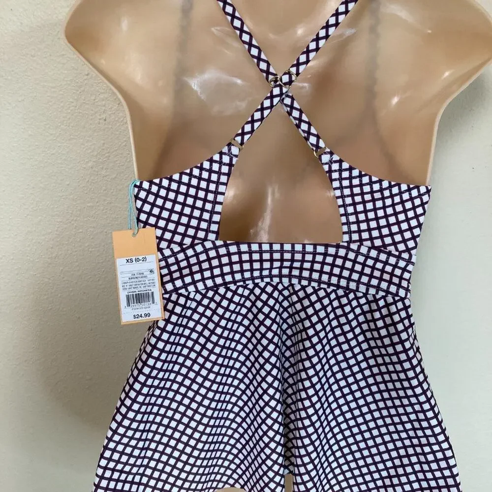 Kona Sol Swim Bathing Suit Top Size XS 0-2 Burgandy White Check